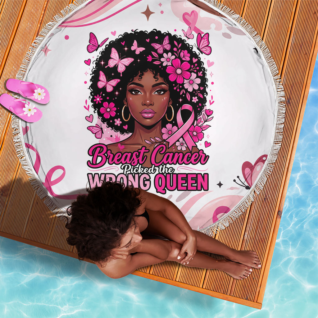 African American Breast Cancer Awareness Queen Beach Blanket Pink Ribbon Floral Butterfly Boxing Gloves Warrior Art