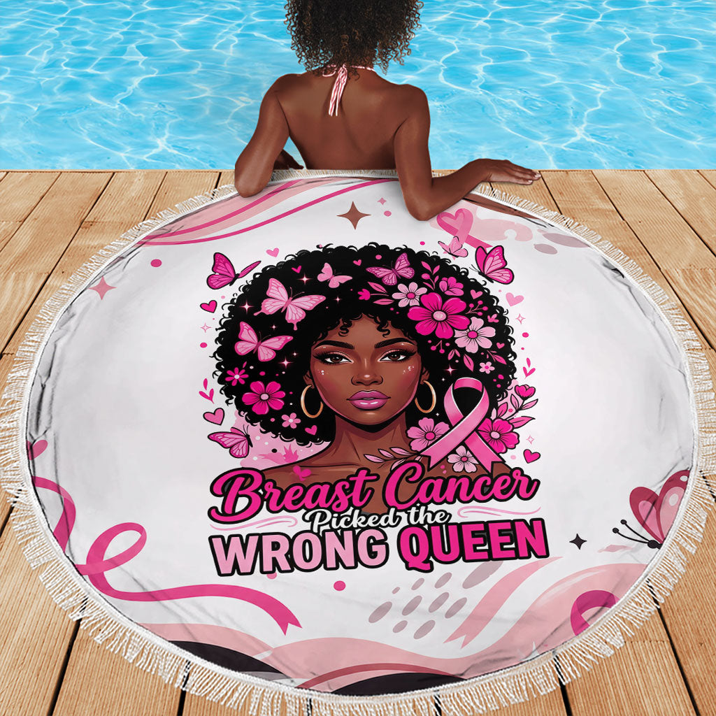 African American Breast Cancer Awareness Queen Beach Blanket Pink Ribbon Floral Butterfly Boxing Gloves Warrior Art