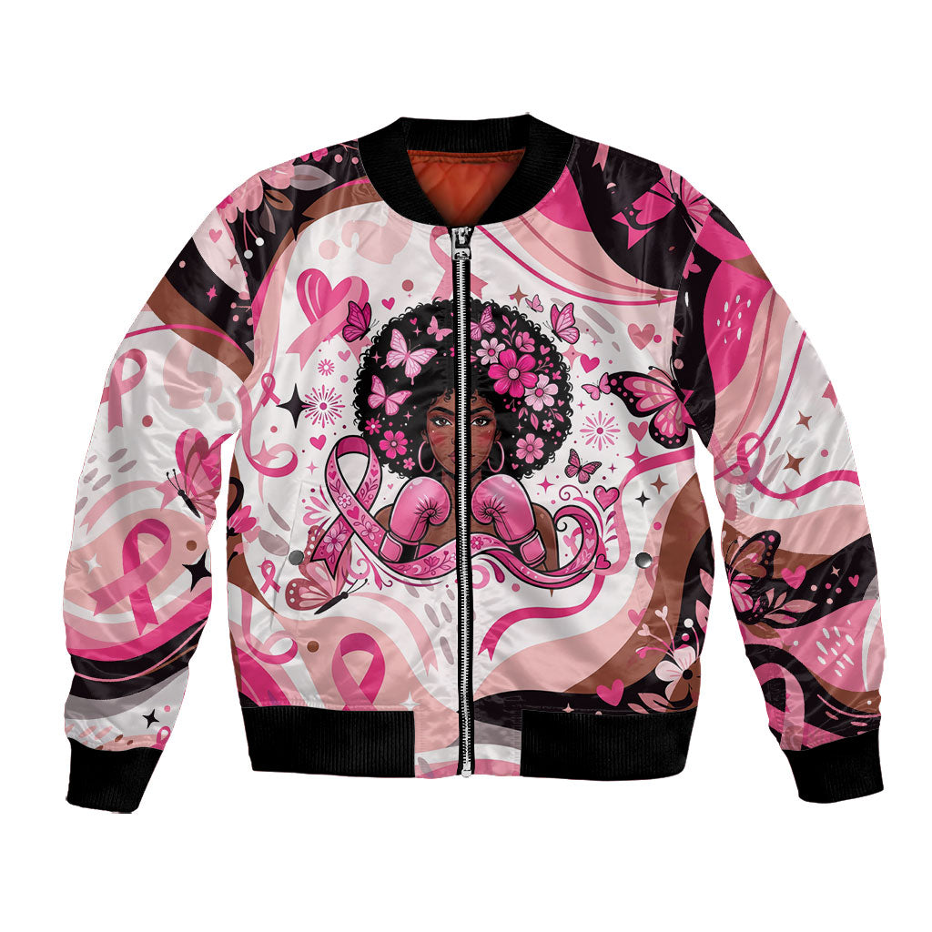 African American Breast Cancer Awareness Queen Bomber Jacket Pink Ribbon Floral Butterfly Boxing Gloves Warrior Art