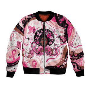 African American Breast Cancer Awareness Queen Bomber Jacket Pink Ribbon Floral Butterfly Boxing Gloves Warrior Art