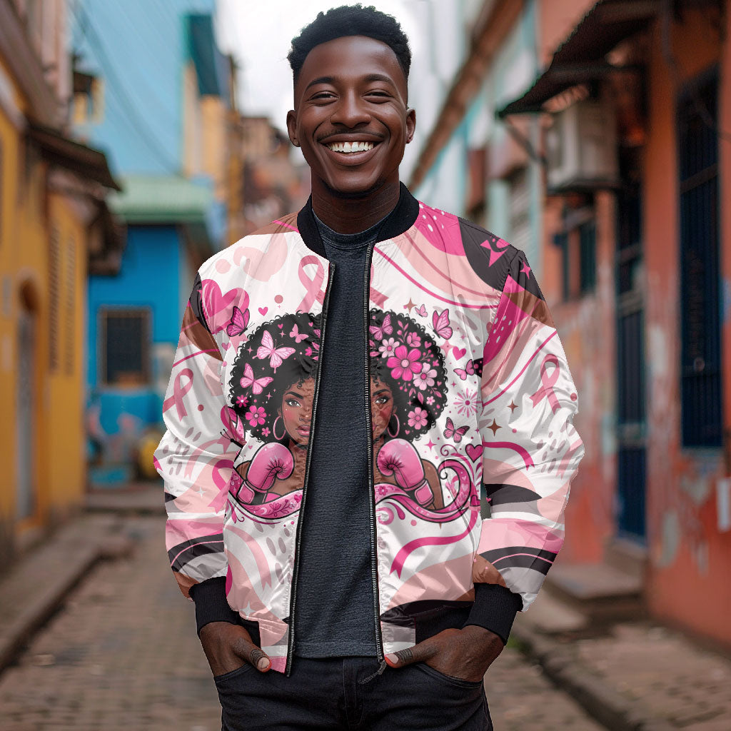 African American Breast Cancer Awareness Queen Bomber Jacket Pink Ribbon Floral Butterfly Boxing Gloves Warrior Art