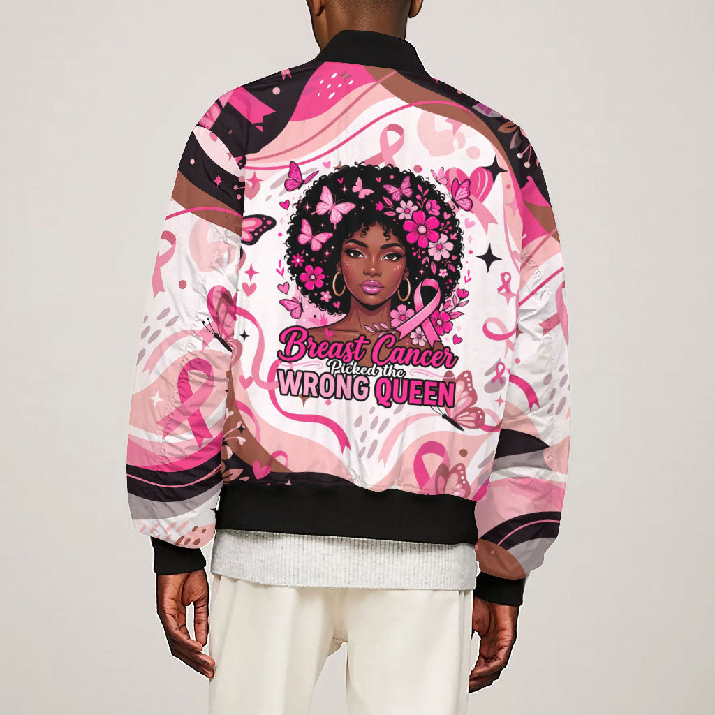 African American Breast Cancer Awareness Queen Bomber Jacket Pink Ribbon Floral Butterfly Boxing Gloves Warrior Art