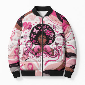 African American Breast Cancer Awareness Queen Bomber Puffer Jacket Pink Ribbon Floral Butterfly Boxing Gloves Warrior Art