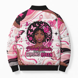 African American Breast Cancer Awareness Queen Bomber Puffer Jacket Pink Ribbon Floral Butterfly Boxing Gloves Warrior Art
