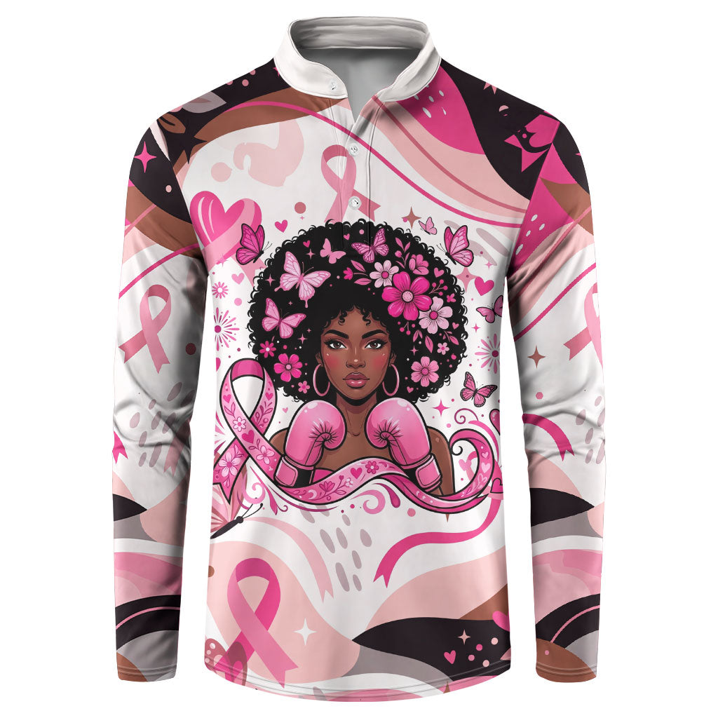African American Breast Cancer Awareness Queen Button Sweatshirt Pink Ribbon Floral Butterfly Boxing Gloves Warrior Art