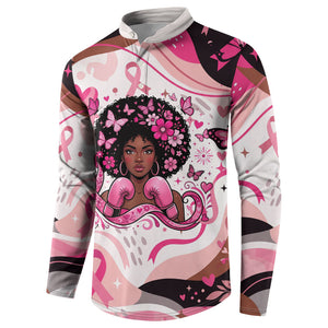 African American Breast Cancer Awareness Queen Button Sweatshirt Pink Ribbon Floral Butterfly Boxing Gloves Warrior Art