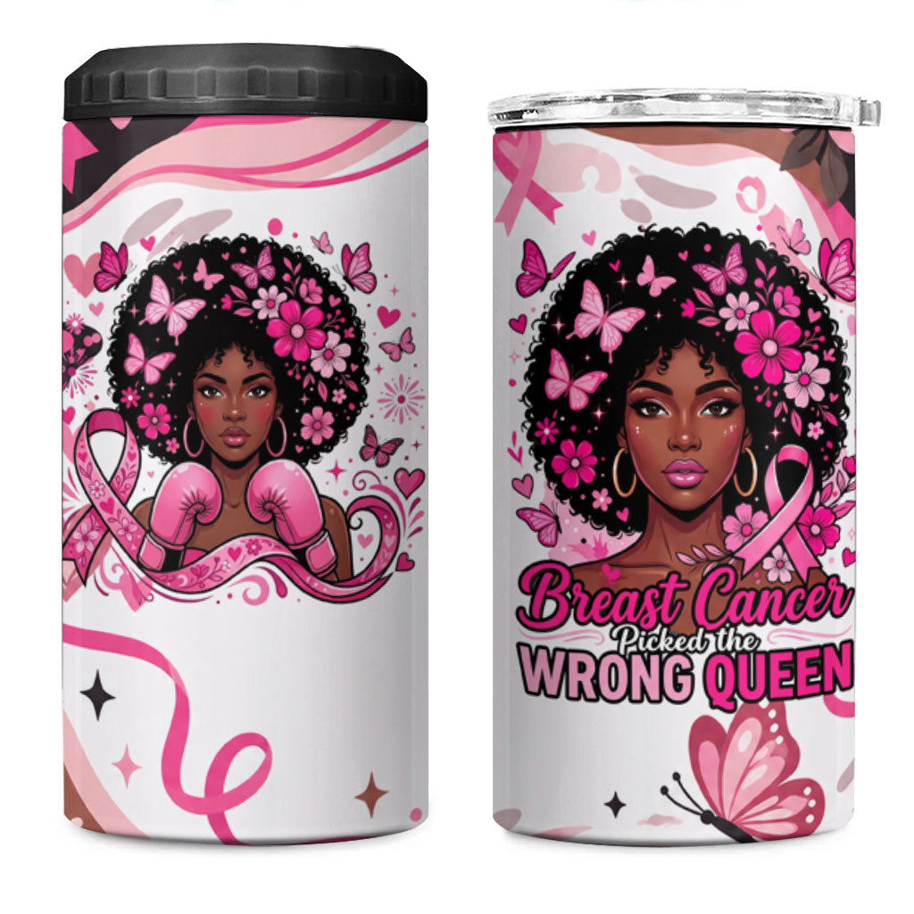 African American Breast Cancer Awareness Queen 4 in 1 Can Cooler Tumbler Pink Ribbon Floral Butterfly Boxing Gloves Warrior Art