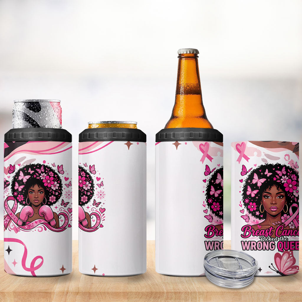 African American Breast Cancer Awareness Queen 4 in 1 Can Cooler Tumbler Pink Ribbon Floral Butterfly Boxing Gloves Warrior Art