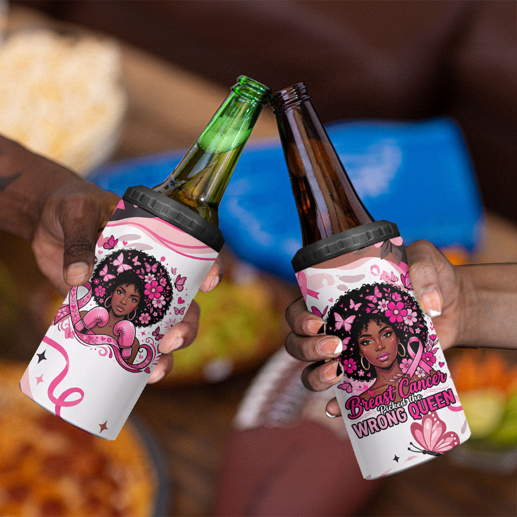African American Breast Cancer Awareness Queen 4 in 1 Can Cooler Tumbler Pink Ribbon Floral Butterfly Boxing Gloves Warrior Art
