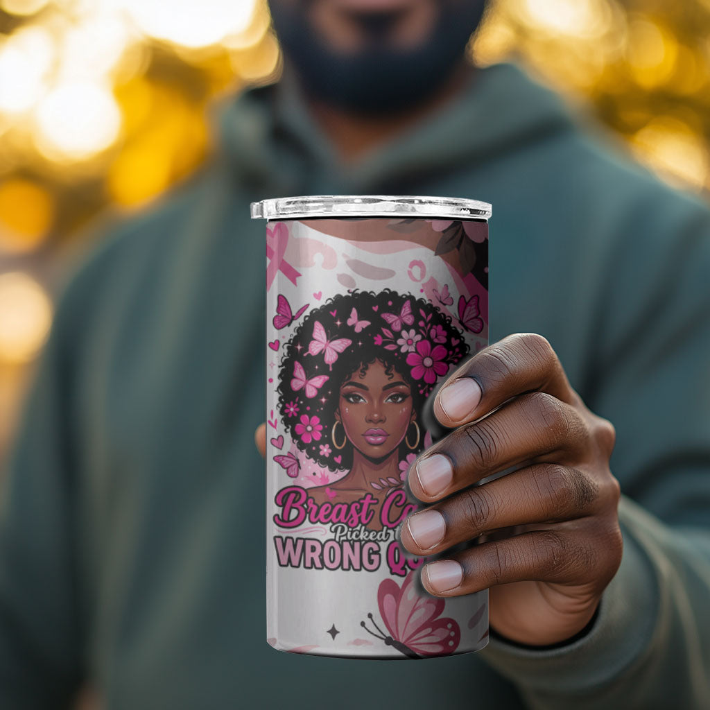 African American Breast Cancer Awareness Queen 4 in 1 Can Cooler Tumbler Pink Ribbon Floral Butterfly Boxing Gloves Warrior Art