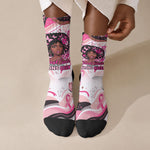 African American Breast Cancer Awareness Queen Crew Socks Pink Ribbon Floral Butterfly Boxing Gloves Warrior Art
