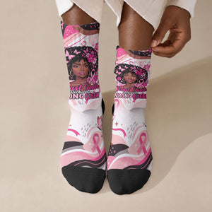 African American Breast Cancer Awareness Queen Crew Socks Pink Ribbon Floral Butterfly Boxing Gloves Warrior Art