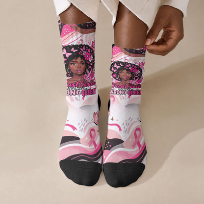 African American Breast Cancer Awareness Queen Crew Socks Pink Ribbon Floral Butterfly Boxing Gloves Warrior Art