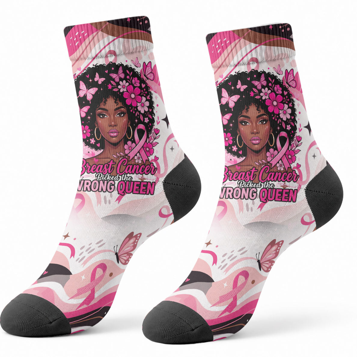 African American Breast Cancer Awareness Queen Crew Socks Pink Ribbon Floral Butterfly Boxing Gloves Warrior Art
