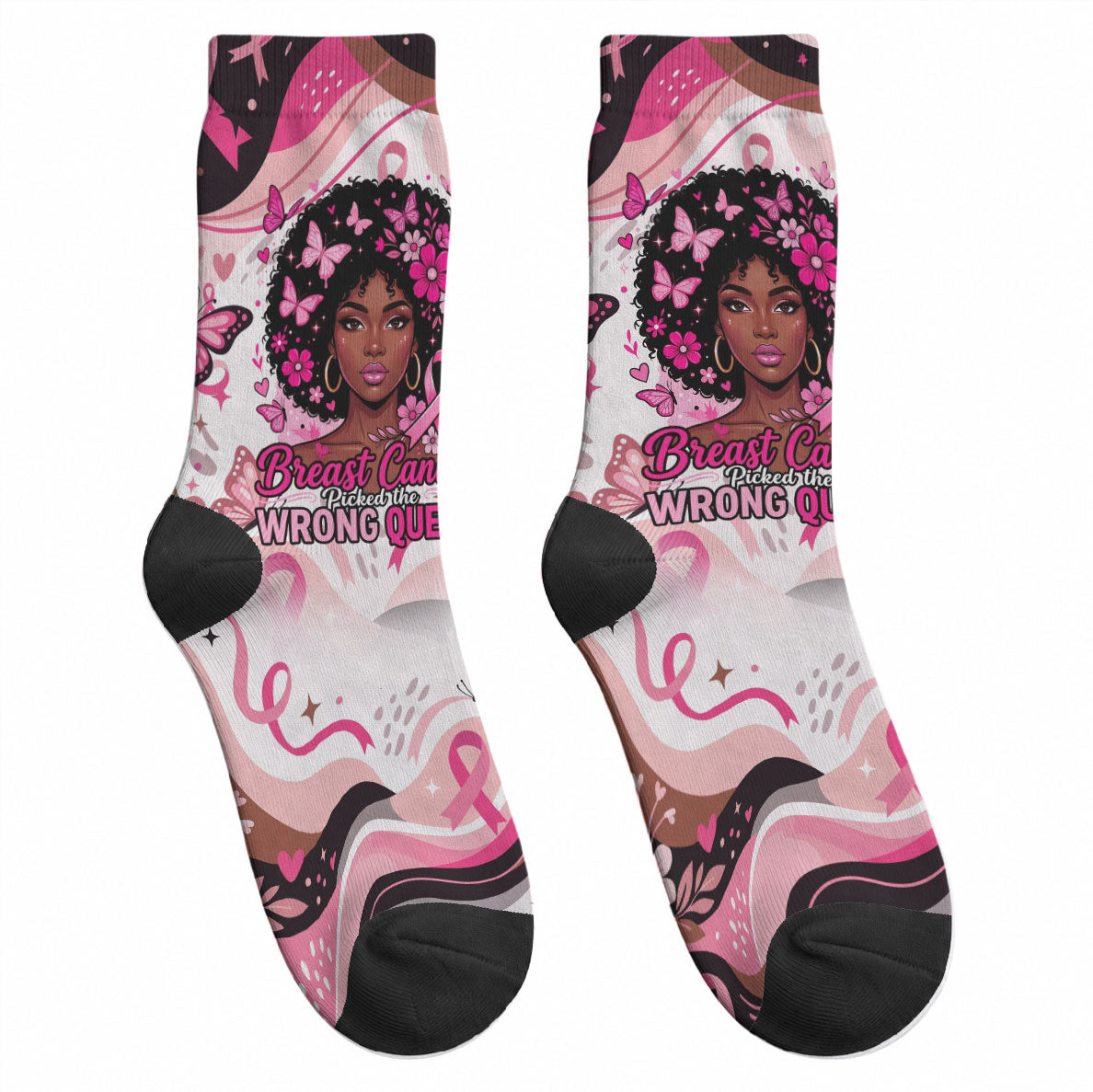 African American Breast Cancer Awareness Queen Crew Socks Pink Ribbon Floral Butterfly Boxing Gloves Warrior Art