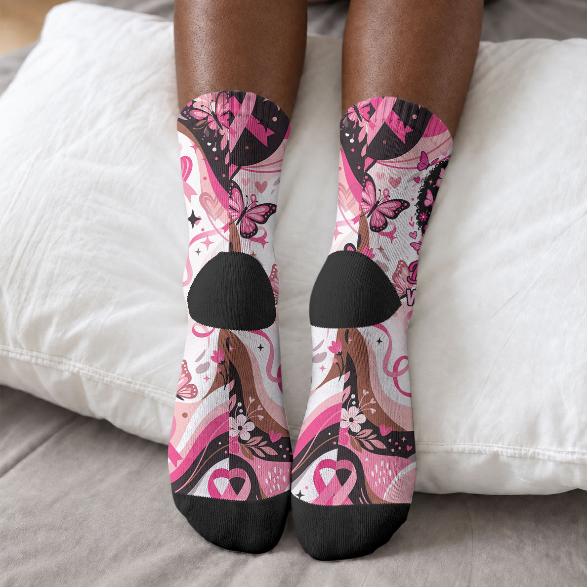 African American Breast Cancer Awareness Queen Crew Socks Pink Ribbon Floral Butterfly Boxing Gloves Warrior Art