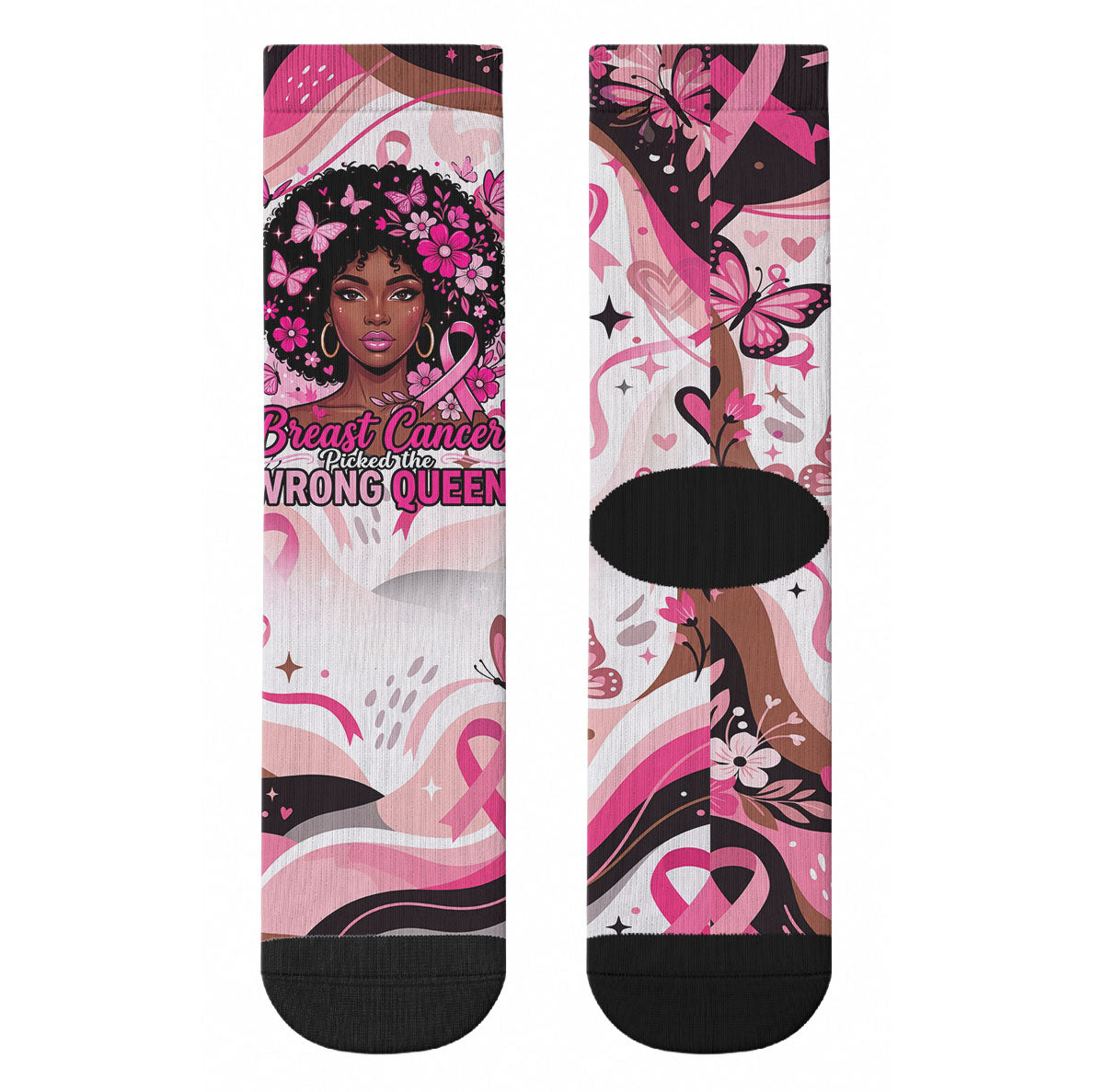 African American Breast Cancer Awareness Queen Crew Socks Pink Ribbon Floral Butterfly Boxing Gloves Warrior Art