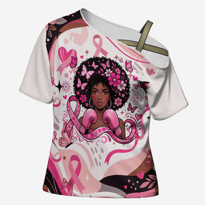 African American Breast Cancer Awareness Queen Cross Shoulder Shirt Pink Ribbon Floral Butterfly Boxing Gloves Warrior Art