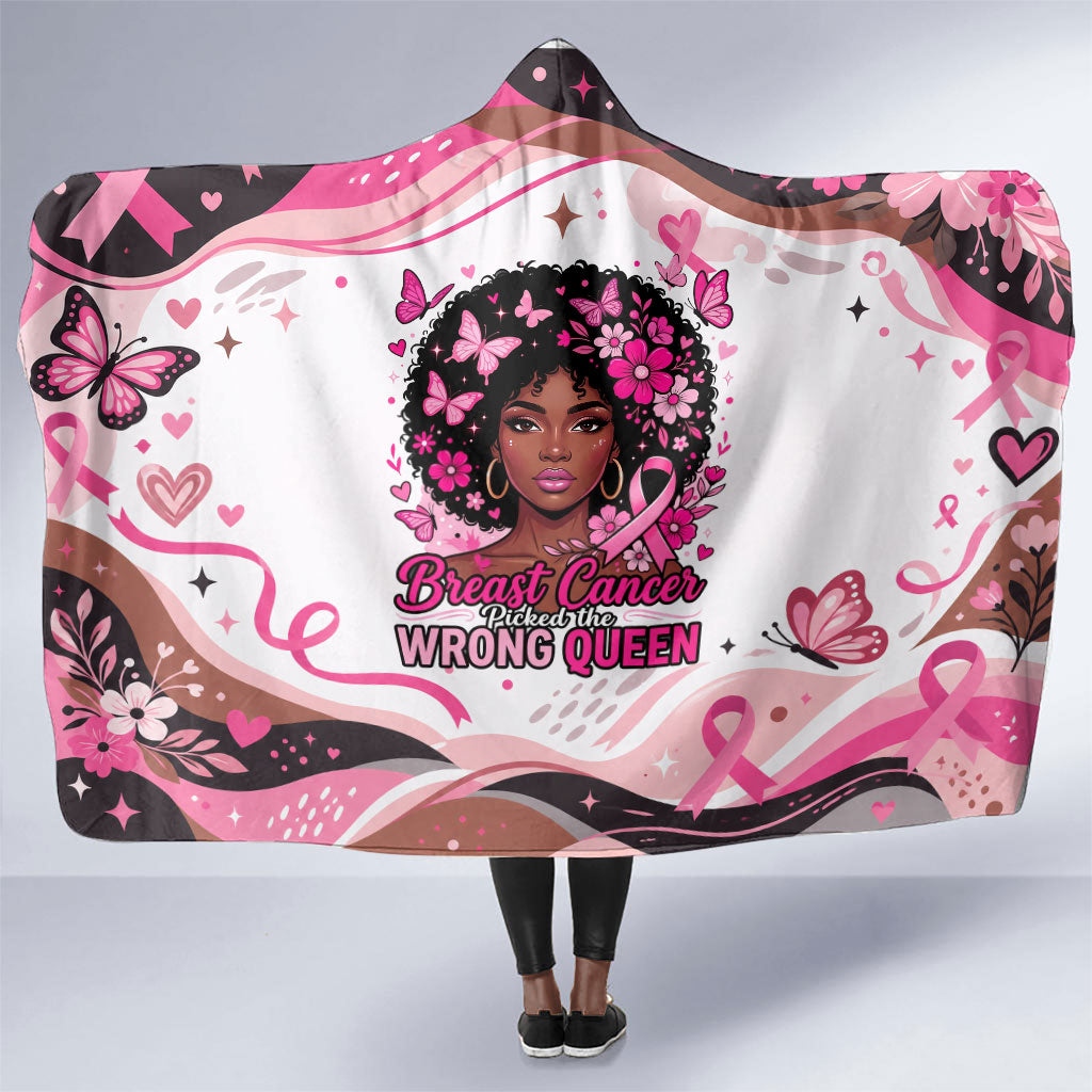 African American Breast Cancer Awareness Queen Hooded Blanket Pink Ribbon Floral Butterfly Boxing Gloves Warrior Art