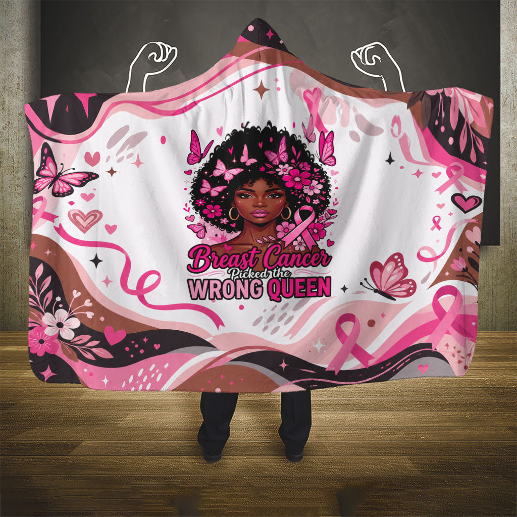 African American Breast Cancer Awareness Queen Hooded Blanket Pink Ribbon Floral Butterfly Boxing Gloves Warrior Art