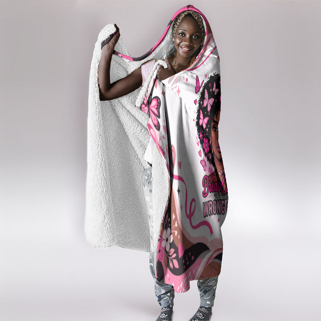 African American Breast Cancer Awareness Queen Hooded Blanket Pink Ribbon Floral Butterfly Boxing Gloves Warrior Art