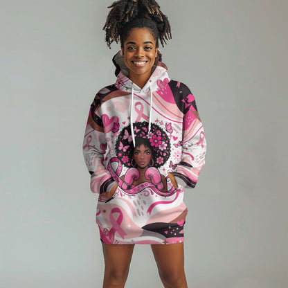 African American Breast Cancer Awareness Queen Hoodie Dress Pink Ribbon Floral Butterfly Boxing Gloves Warrior Art