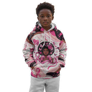African American Breast Cancer Awareness Queen Kid Hoodie Pink Ribbon Floral Butterfly Boxing Gloves Warrior Art