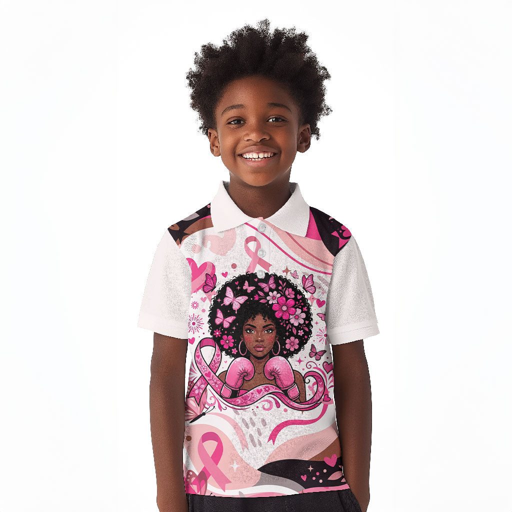African American Breast Cancer Awareness Queen Kid Polo Shirt Pink Ribbon Floral Butterfly Boxing Gloves Warrior Art