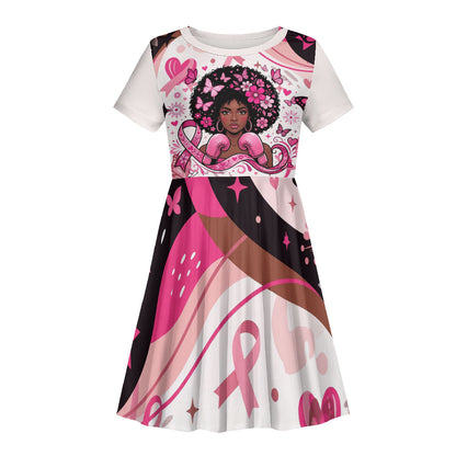 African American Breast Cancer Awareness Queen Kid Short Sleeve Dress Pink Ribbon Floral Butterfly Boxing Gloves Warrior Art