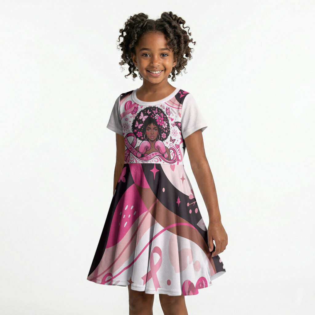 African American Breast Cancer Awareness Queen Kid Short Sleeve Dress Pink Ribbon Floral Butterfly Boxing Gloves Warrior Art