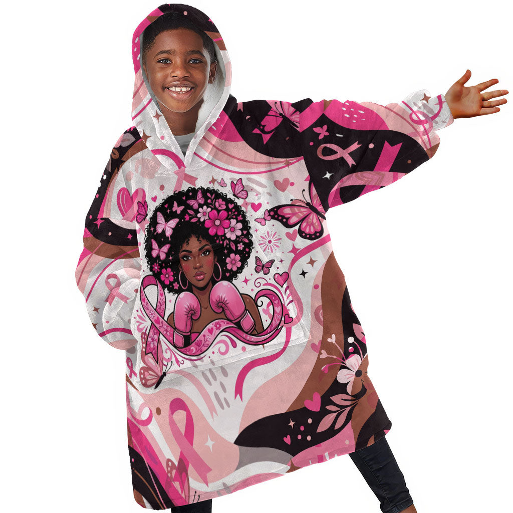 African American Breast Cancer Awareness Queen Kid Wearable Blanket Hoodie Pink Ribbon Floral Butterfly Boxing Gloves Warrior Art