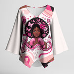 African American Breast Cancer Awareness Queen Kimono Sleeve Blouse Pink Ribbon Floral Butterfly Boxing Gloves Warrior Art