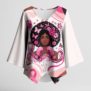 African American Breast Cancer Awareness Queen Kimono Sleeve Blouse Pink Ribbon Floral Butterfly Boxing Gloves Warrior Art