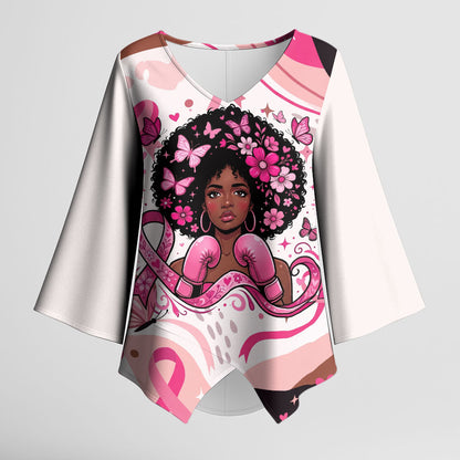 African American Breast Cancer Awareness Queen Kimono Sleeve Blouse Pink Ribbon Floral Butterfly Boxing Gloves Warrior Art