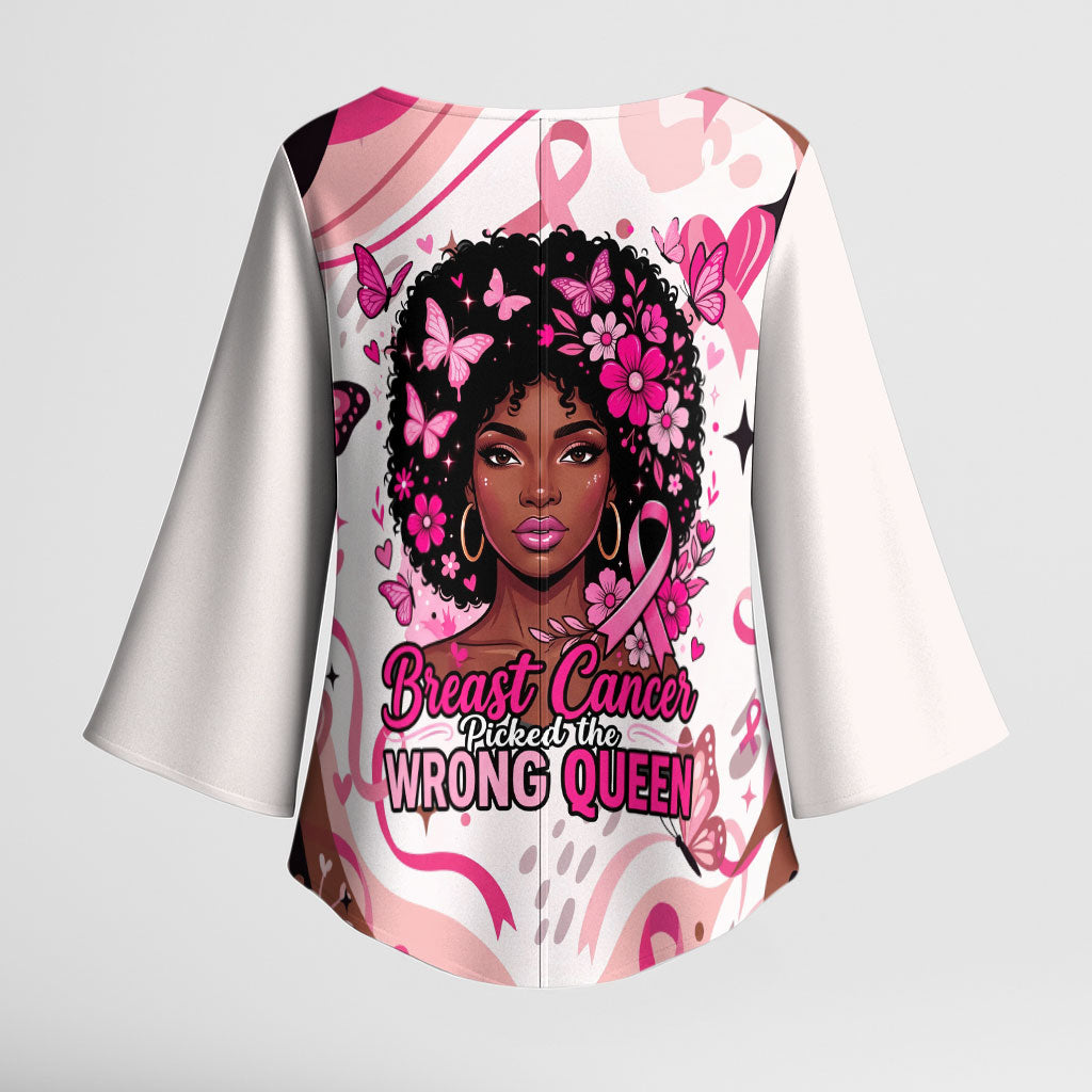 African American Breast Cancer Awareness Queen Kimono Sleeve Blouse Pink Ribbon Floral Butterfly Boxing Gloves Warrior Art