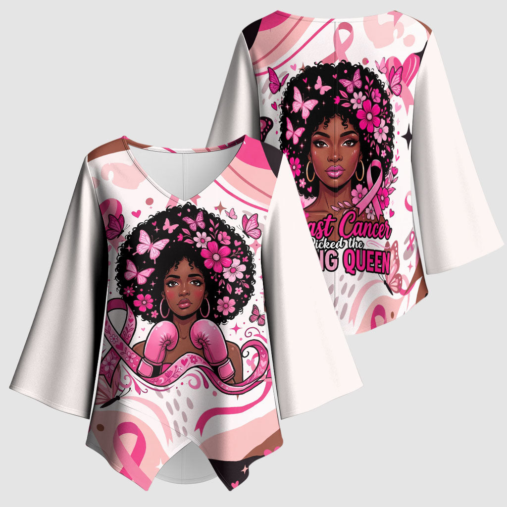African American Breast Cancer Awareness Queen Kimono Sleeve Blouse Pink Ribbon Floral Butterfly Boxing Gloves Warrior Art