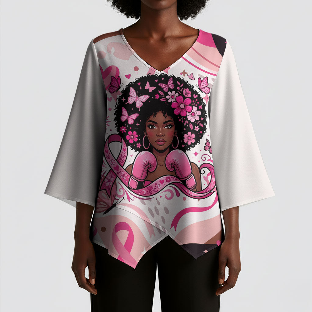 African American Breast Cancer Awareness Queen Kimono Sleeve Blouse Pink Ribbon Floral Butterfly Boxing Gloves Warrior Art