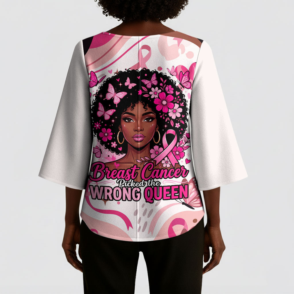 African American Breast Cancer Awareness Queen Kimono Sleeve Blouse Pink Ribbon Floral Butterfly Boxing Gloves Warrior Art