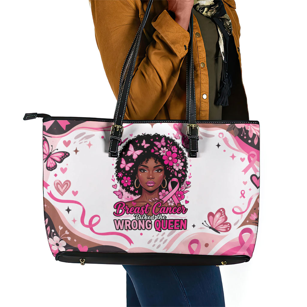 African American Breast Cancer Awareness Queen Leather Tote Bag Pink Ribbon Floral Butterfly Boxing Gloves Warrior Art