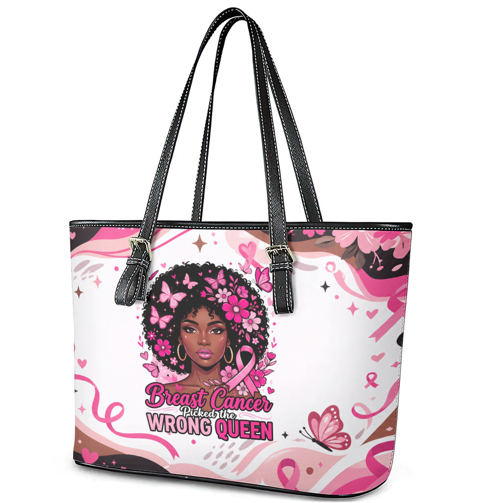 African American Breast Cancer Awareness Queen Leather Tote Bag Pink Ribbon Floral Butterfly Boxing Gloves Warrior Art