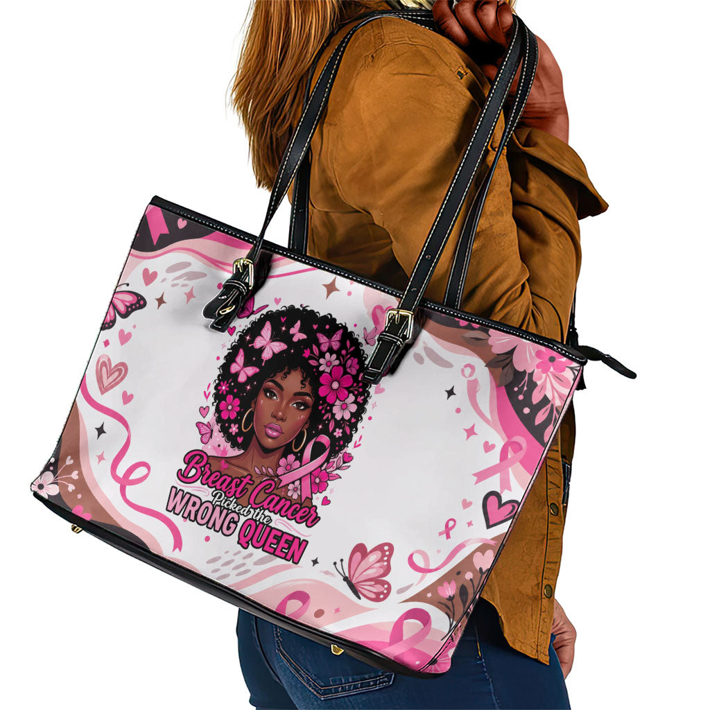 African American Breast Cancer Awareness Queen Leather Tote Bag Pink Ribbon Floral Butterfly Boxing Gloves Warrior Art