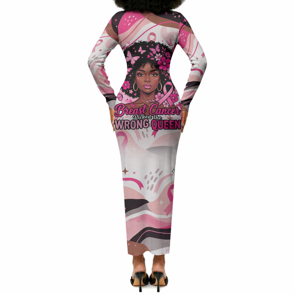 African American Breast Cancer Awareness Queen Long Sleeve Bodycon Dress Pink Ribbon Floral Butterfly Boxing Gloves Warrior Art
