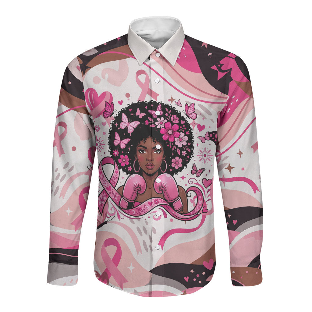 African American Breast Cancer Awareness Queen Long Sleeve Button Shirt Pink Ribbon Floral Butterfly Boxing Gloves Warrior Art