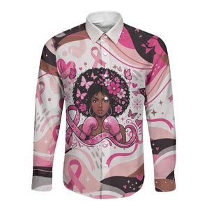 African American Breast Cancer Awareness Queen Long Sleeve Button Shirt Pink Ribbon Floral Butterfly Boxing Gloves Warrior Art