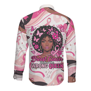 African American Breast Cancer Awareness Queen Long Sleeve Button Shirt Pink Ribbon Floral Butterfly Boxing Gloves Warrior Art
