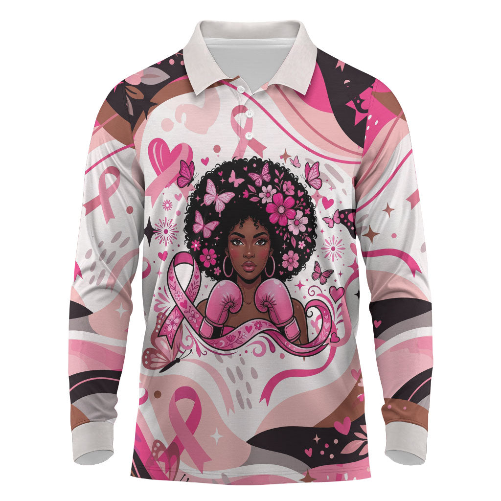 African American Breast Cancer Awareness Queen Long Sleeve Polo Shirt Pink Ribbon Floral Butterfly Boxing Gloves Warrior Art