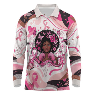 African American Breast Cancer Awareness Queen Long Sleeve Polo Shirt Pink Ribbon Floral Butterfly Boxing Gloves Warrior Art