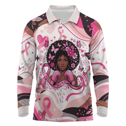 African American Breast Cancer Awareness Queen Long Sleeve Polo Shirt Pink Ribbon Floral Butterfly Boxing Gloves Warrior Art
