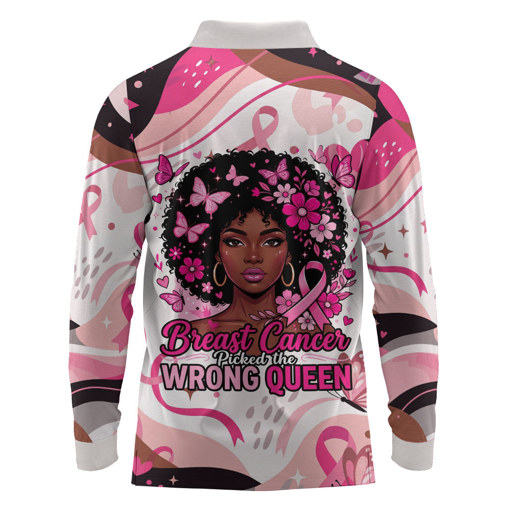 African American Breast Cancer Awareness Queen Long Sleeve Polo Shirt Pink Ribbon Floral Butterfly Boxing Gloves Warrior Art