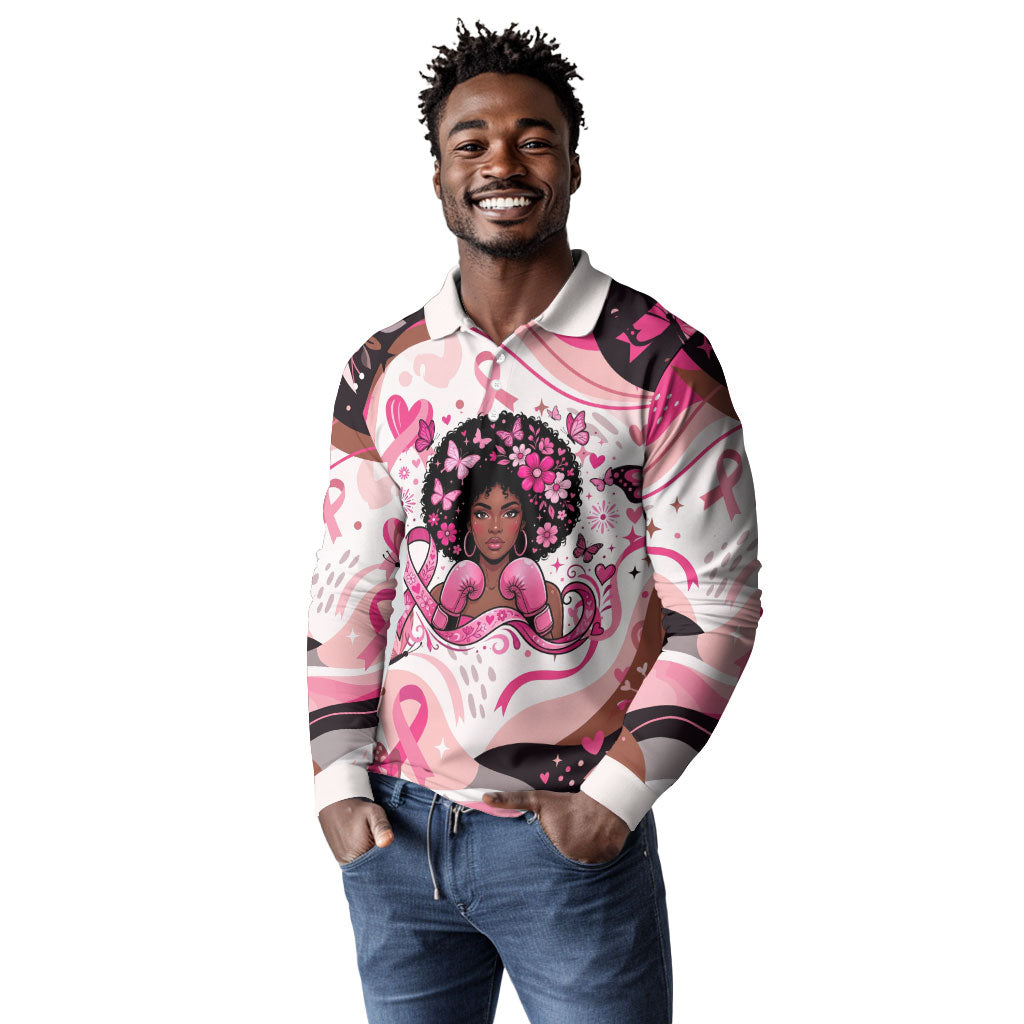 African American Breast Cancer Awareness Queen Long Sleeve Polo Shirt Pink Ribbon Floral Butterfly Boxing Gloves Warrior Art